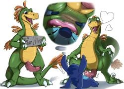 absurd_res alien animal_genitalia anthro dinosaur disney duo erection experiment_(lilo_and_stitch) genital_slit genitals hi_res lilo_and_stitch male male/male narse open_mouth open_smile oral penis prehistoric_species reptile scalie smile standing stitch_(lilo_and_stitch)