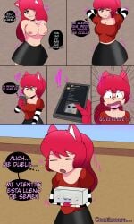 breasts cellphone comic heterochromia neko_ears netsuki red_hair richie robotic_arm surprised vtuber