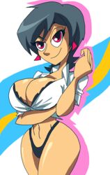 1girls arms_up bare_shoulders big_breasts bikini bikini_bottom black_hair breast_hold busty cleavage curvy detailed_background ear_piercing earrings female female_only front_view hourglass_figure human looking_at_viewer manic47 mature midriff milf mother original_character piercing pink_eyes pose posing shadow shiny shiny_skin shirt short_hair solo standing swimsuit underboob voluptuous white_shirt wide_hips