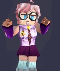 blockman_go blue_eyes cum_on_face glasses pink_hair pink_shirt skirt tongue_out