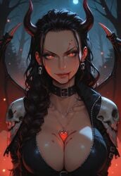 1girls ai_generated big_breasts black_hair blood choker civitai devil_horns horns huge_breasts leather_jacket long_hair moon necklace nico_robin night one_piece red_eyes seductive seductive_look solo stable_diffusion suckeryes wings