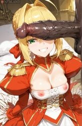 (series) 1boy 1girls ahoge ai_generated arm_up big_balls big_penis blonde_hair breasts cock_on_face dark-skinned_male dress fate fate/extra fate/grand female green_eyes horny_female huge_cock interracial nero_claudius_(fate) nipples ntrland order pov small_breasts smile vein veiny_penis watermark