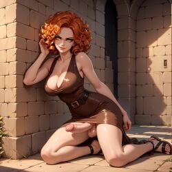 1girls against_wall ai_generated big_breasts brown_dress castle conniexx curly_hair dickgirl evil_grin female futanari hi_res high_resolution highres large_breasts large_penis medieval orange_hair penis pony_diffusion_xl sandals sitting stable_diffusion thick_thighs veiny_penis