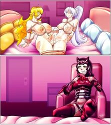 1girls 2futas blake_belladonna catgirl challenge dinotits dominatrix faunus femdom frottage futanari futasub rwby self-upload small_penis small_penis_humiliation sweating tied_up weiss_schnee yang_xiao_long