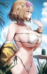 anis_(nikke) anis_(sparkling_summer)_(nikke) beach bikini blush brown_hair dotthebot goddess_of_victory:_nikke hi_res highres huge_breasts jacket large_breasts navel necklace open_mouth short_hair sideboob soda soda_can sunglasses sweat sweating swimsuit tree underboob wet wet_body wet_breasts yellow_eyes