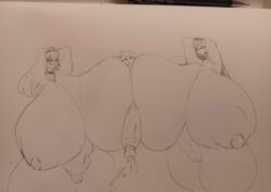 1boy 2girls bigger_female huge_breasts hyper low_res sketch smaller_male tagme voluptuous