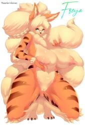 arcanine big_breasts furry kneeling nipples orange_fur pokemon pokemon_(species) theobrobine thick_legs thighs