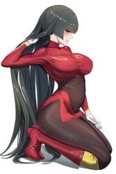 1girls belly_button black_hair boots fully_clothed gloves hime_cut large_breasts long_hair mature_female pokemon pokemon_rgby red_eyes sabrina_(pokemon) shiny_clothes skin_tight thick_thighs tight_clothing white_gloves