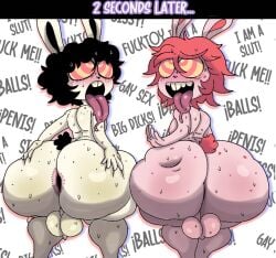 2024 anthro anus ass balls bent_over big_butt black_hair black_nose black_tail blush bodily_fluids buckteeth butt_grab butt_slap digital_media_(artwork) duo english_text excited exclamation_point freckled_butt freckled_face freckles fur furu_(furu_flami) furu_flami gay genitals hair hand_on_butt hand_on_own_butt hypnosis instant_loss_2koma lagomorph leporid long_ears looking_back male male_only mammal mind_control multicolored_eyes nude orientation_play pink_body pink_ears pink_fur pink_hair pink_tail presenting presenting_anus presenting_hindquarters rabbit rear_view red_eyes saliva saliva_string scut_tail short_tail simple_background slap slapping_own_butt slapping_self spiral_eyes spread_butt spreading straight_to_gay sweat tail teeth text thick_thighs tongue tongue_out two_tone_eyes white_background white_body white_ears white_fur yellow_eyes