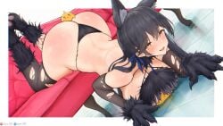 :3 animal_ears animal_hands animated ass atago_(azur_lane) atago_(full_moon's_feral_wolf)_(azur_lane) azur_lane black_gloves black_hair black_panties blush breasts dan-98 dog_ears elbow_gloves female fishnet_thighhighs fishnets gloves large_breasts long_hair looking_at_viewer lying manjuu_(azur_lane) mismatched_thighhighs mole mole_under_eye official_alternate_costume on_stomach panties paw_gloves smile solo tagme thighhighs thong torn_clothes torn_thighhighs ugoira underwear video yellow_eyes