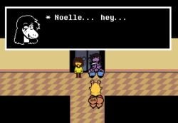 body_writing deltarune editorl english_text huge_ass huge_breasts miniskirt noelle_holiday susie_(deltarune) text useless_clothing