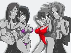 2boys 2d 2girls abs alternate_version_available bare_shoulders big_breasts bikini bikini_bottom bikini_top black_white bracelet busty cleavage clenched_teeth coat crossover curvy dethklok ear_piercing earrings edward_elric front_view fullmetal_alchemist group human humanoid lina_inverse long_hair looking_at_viewer male manic47 metalocalypse mileena mortal_kombat multiple_boys multiple_females multiple_girls multiple_males muscle muscular muscular_female netherrealm_studios one-piece_swimsuit partially_colored piercing pose posing shadow shiny shiny_skin simple_background slayers smiling standing straight swimsuit toki_wartooth very_long_hair video_game video_games voluptuous wide_hips