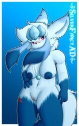 2024 anthro areola arm_scar aurora_wintersoul_(silverfancyarts) blue_areola blue_body blue_nipples blush body_blush breasts crystal digital_media_(artwork) eeveelution facial_scar female freckled_breasts freckles fur generation_4_pokemon genitals glaceon hair hi_res jewelry leg_scar looking_at_viewer mouth_closed necklace nintendo nipples non-human_areolae nude nude_anthro nude_female pokemon pokemon_(species) purple_eyes pussy pussy_blush scar shaded silverfancyarts simple_background solo tail thigh_scar unimpressed