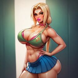 ai_generated big_ass big_breasts bimbofication blonde_hair brassiere choker mature_female miniskirt naruto_(series) thick_lips thick_thighs toned_female tsunade