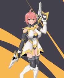 beatrix_(mobile_legends) breasts cameltoe fully_clothed gun jpeg kamadevka mobile_legends mobile_legends:_bang_bang pink_hair short_hair stockings tongue tongue_out yellow_eyes