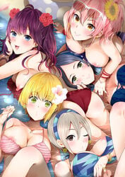 5girls ass bangs bikini black_eyes black_hair blonde_hair blue_eyes breasts brown_hair celicaxxx cleavage earrings eyelashes flower green_eyes grey_hair hair_flower hair_ornament hairband hayami_kanade ichinose_shiki idolmaster idolmaster_cinderella_girls jewelry jougasaki_mika large_breasts lipps_(idolmaster) long_hair looking_at_viewer miyamoto_frederica multiple_girls necklace nipple_slip nipples one_eye_closed parted_bangs pink_hair shiomi_shuuko short_hair smile sunglasses sunglasses_on_head swimsuit two_side_up yellow_eyes