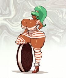 1girls ass_bigger_than_head breasts_bigger_than_head bursting_breasts bursting_butt cookie huge_ass huge_breasts looking_at_viewer norodoggo smug solo_female tagme thick_thighs wide_hips