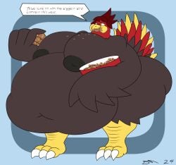 absurd_res anthro avian bird brown_body dirtymac female galliform hair hi_res obese obese_anthro obese_female overweight overweight_anthro overweight_female phasianid red_hair stuffing stuffing_(food) turkey weight_gain