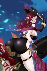 1girls ass big_ass blue_eyes breasts bubble_butt chasca_(genshin_impact) clothing dat_ass ear_piercing earrings fat_ass female female_only genshin_impact hat huge_ass large_ass looking_at_viewer looking_back mhaknow piercing pointy_ears red_hair solo thick_ass thick_thighs vehicle wide_hips