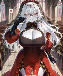 1boy 1boy1girl 1girls ai_generated armored_gloves blazing_cartesia_the_virtuous breasts church church_background cleavage cleavage_dress erect_penis erection female female_focus female_only grey_skin heart hearts_around_head large_breasts long_hair penis small_penis tiny_penis white_hair yu-gi-oh!