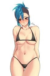 1girls arms_behind_back bare_shoulders bikini blue_hair blush bra breasts brown_eyes cute_fang d-6m embarrassed fang female female_only half-closed_eyes large_breasts navel nose_blush overkill_software pale panties payday payday_(series) payday_2 short_hair shy side_shave simple_background solo sweat sweatdrop swimsuit sydney_(payday_2) thigh_gap white_background white_skin