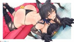 animal_ears animal_hands ass atago_(azur_lane) atago_(full_moon's_feral_wolf)_(azur_lane) azur_lane black_gloves black_hair black_panties blush breasts dan-98 dog_ears elbow_gloves female fishnet_thighhighs fishnets gloves highres large_breasts long_hair looking_at_viewer lying manjuu_(azur_lane) mismatched_thighhighs mole mole_under_eye official_alternate_costume on_stomach panties paw_gloves smile solo thighhighs thong torn_clothes torn_thighhighs underwear yellow_eyes