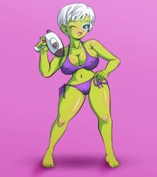 bigduck bikini cheelai curvy curvy_figure dragon_ball dragon_ball_super female green_body green_skin scouter short_hair tagme tinted_eyewear white_hair