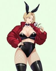 1girls big_breasts blonde_hair blue_eyes bow bowtie bra breasts bunny_ears bunny_girl bunnysuit busty cleavage clothed earrings female fishnets flower hand_on_hip jacket king_(snk) king_of_fighters latex leather legwear light-skinned_female light_skin looking_at_viewer meziosaur pale_skin rose seductive_look shiny short_hair thick thick_thighs thighs tie tight_clothes voluptuous voluptuous_female wide_hips