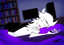 hazbin_hotel_oc oc original_character semi-naked shirtless sleeping wolf_ears wolfit_(oc) wolfit_(original_character)