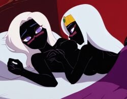 ai_generated artistom2022 bed bedroom black_skin clones duck_dodgers fully_nude highres pleasure_face queen_tyr'ahnee selfcest stable_diffusion sucking_nipples tit_sucking twins white_hair yuri