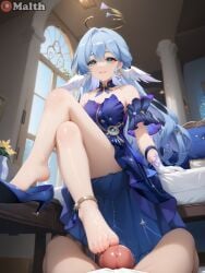 1boy 1girls ai_generated angel_wings anklet blue_dress blue_hair choker crossed_legs dangling_shoe dress feet footjob gloves green_eyes halo high_heels highres honkai:_star_rail indoors jewelry long_hair looking_at_viewer malth pov purple_hair robin_(honkai:_star_rail) smile toes turquoise_eyes