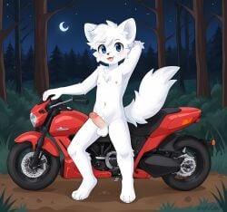 1boy ai_generated anthro boykisser furry furry_ears furry_gay furry_male furry_only furry_tail gay gay_furry in_the_woods makergpu male male_focus male_only moonlight motorcycle naked naked_male night penis penis_out solo solo_anthro solo_focus solo_male tagme trees