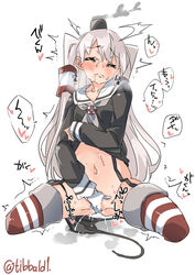 amatsukaze_(kantai_collection) bangs black_panties blush breath closed_eyes closed_mouth cowboy_shot cropped_legs dress dress_lift drooling ebifurya eyebrows_visible_through_hair female female_ejaculation garter_straps gloves groin hair_tubes heart highres kantai_collection lifted_by_self long_hair long_sleeves masturbation navel panties pussy_juice sailor_dress saliva side-tie_panties simple_background single_glove smoke smokestack solo speech_bubble spoken_heart stomach striped striped_legwear sweat thighhighs translation_request trembling two_side_up underwear untied untied_panties white_background white_gloves white_hair