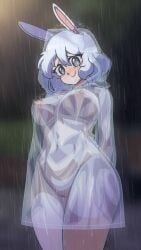 <1_second_video 9:16 acefish animal_ears animated blush breasts cleft_of_venus closed_mouth cowboy_shot ears_through_hood female grey_eyes hair_between_eyes heart heart-shaped_pupils hood hood_up large_breasts mary_(acefish) medium_hair naked_raincoat navel nipples no_bra no_panties nose_blush original outdoors rabbit_ears rain raincoat see-through_clothes see-through_raincoat shorter_than_10_seconds smile solo symbol-shaped_pupils tagme ugoira vertical_video video white_hair