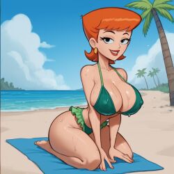 ai_generated beach bikini cleavage covered_nipples dexter's_laboratory dexter's_mom large_ass large_breasts lips lipstick mature_female milf orange_hair short_hair stable_diffusion