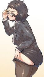 1girls brown_eyes brown_hair chuckuddin glasses looking_at_viewer office_lady painted_nails persona persona_5 sadayo_kawakami solo_female solo_focus stockings thick_thighs undressing