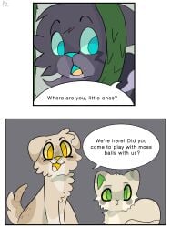 2males blue_eyes comic comic_page english_text fan_character female green_eyes grey_fur happy kitten male size_difference tempestpaw warriors_(cats) yellow_eyes yellow_fur