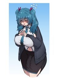 1futa big_breasts big_penis blue_eyes blue_hair blush breasts bulge clothed clothing erect_penis erection futa_only futanari hatsune_miku huge_cock light-skinned_futanari light_skin necktie penis penis_poking_out penis_under_clothes penis_under_skirt precum precum_drip radjeong skirt solo tie vocaloid