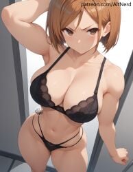 ai_generated altnerd annoyed artist_logo artist_name big_breasts black_bra black_panties black_underwear blush bob_cut brown_eyes brown_hair from_above hi_res highres hourglass_figure indoors jujutsu_kaisen kugisaki_nobara navel patreon_username short_hair standing thick_thighs wide_hips