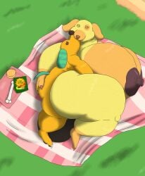 alythewolfcat animal_crossing anthro areola balls beagle big_areola big_balls big_breasts biskit_(animal_crossing) bone breasts canid canine canis cheesy_poofs chips_(food) domestic_dog duo female food genitals goldie_(animal_crossing) hi_res hot_poofs huge_areola huge_balls huge_breasts huge_hips hunting_dog hyper hyper_balls hyper_breasts hyper_genitalia kissing male mammal nintendo overweight overweight_female picnic_blanket romantic romantic_sex scent_hound spooning wide_hips