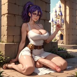 1girls against_wall ai_generated belt big_breasts castle conniexx dickgirl evil_grin female futanari hi_res high_resolution highres large_breasts large_penis medieval penis pony_diffusion_xl ponytail purple_eyes purple_hair sandals sitting stable_diffusion thick_thighs veiny_penis white_dress