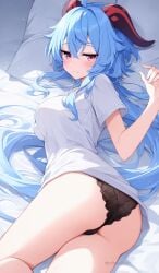 1girls ahoge alternate_costume ass ass_up bed bedroom_eyes black_panties blue_eyebrows blue_hair blush boobs breasts cowboy_shot elbows female female_focus female_only ganyu_(genshin_impact) genshin_impact horns large_breasts light-skinned_female light_blue_hair light_skin long_hair no_visible_genitalia on_bed on_side orientalpass panties pillow purple_eyes red_horns slight_smile smile smile_at_viewer split_mouth sweatdrop tagme text thighs tshirt very_long_hair watermark