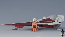 3d ahsoka_tano alien ass astromech_droid clone_wars dc15-a female female_focus jedi jedi_padawan kneeling on_floor orange_body orange_skin pinup pinup_(style) pinup_girls pinup_pose simple_background spacecraft spaceship star_wars the_clone_wars:_season_one togruta