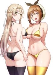 2girls absurd_res absurdres adult adult_female arm_behind_back arms_behind_back ass ass_cleavage atelier_(series) atelier_ryza atelier_ryza_1 back back-tie_bikini back-tie_swimwear bare_arms bare_back bare_belly bare_chest bare_hands bare_hips bare_midriff bare_navel bare_shoulders bare_skin bare_thighs belly belly_button beret bikini bikini_bottom bikini_only bikini_top black_bikini black_bikini_bottom black_bikini_only black_bikini_top black_hair_ribbon black_hair_tie black_hairband black_legwear black_ribbon black_stockings black_string_bikini black_swimsuit black_swimwear black_thigh_highs black_thighhighs blonde_eyebrows blonde_female blonde_hair blonde_hair_female blush blush_face blush_lines blushed_face blushing_at_viewer blushing_face blushing_female boobs_pressed braid braided_hair breast_press breast_press_on_chest breast_squeeze breasts breasts_press breasts_pressed_against_another breasts_pressed_against_partner breasts_pressed_together brown_eyebrows brown_eyes brown_eyes_female brown_hair brown_hair_female busty busty_female busty_girl butt_crack butt_crack_outline cleavage collarbone crown_braid curvy curvy_ass curvy_body curvy_female curvy_figure curvy_hips dot_nose elbows embarrassed_exposed_female embarrassed_expression embarrassed_female exposed_arms exposed_ass exposed_back exposed_belly exposed_butt exposed_chest exposed_hips exposed_midriff exposed_navel exposed_shoulders exposed_skin exposed_thighs fair_skin female female_focus female_naked female_only fingernails fingers gold_bikini gold_bikini_bottom gold_bikini_top gold_legwear gold_stockings gold_string_bikini gold_swimsuit gold_swimwear gold_thigh_highs gold_thighhighs green_eyes green_eyes_female groin hair_between_eyes hair_clip hair_clips hair_ornament hair_ornaments hair_ribbon hair_tie hairband hairclip hairclips half_naked half_nude hand_behind_back hands_behind_back hat head_tilt high_resolution highres hourglass_figure klaudia_valentz large_breasts lean_body lean_figure legs legs_closed legs_together legwear light-skinned_female light_skin long_hair looking_at_viewer looking_back looking_back_at_viewer mature mature_female mibushiro midriff multiple_females multiple_girls narrow_waist navel nervous nervous_expression nervous_face nervous_female nervous_smile nervous_sweaty open_mouth open_mouth_smile overknees pale-skinned_female pale_skin parted_lips partially_naked pressing_breast_on_partner pressing_breasts pressing_breasts_together pushing_breasts_together reisalin_stout ribbon semi_nude shiny_breasts shiny_hair shiny_legs shiny_shoulders shiny_skin shiny_thighs shoulders shy shy_smile sideboob sidelocks simple_background slender_body slender_waist slim_girl slim_waist smile smiling_at_viewer smooth_skin squeezing_breast squeezing_breasts squeezing_breasts_together standing stockings string_bikini swimsuit swimwear thick_ass thick_thighs thigh_highs thighhighs thighs thin_waist tilted_head tongue underboob upper_body upper_teeth v-line white_background white_beret white_hair_ribbon white_hair_tie white_hat white_ribbon wide_hips