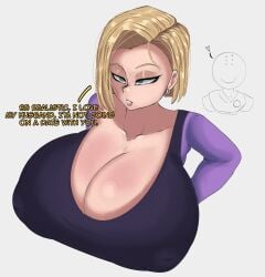 1girls android_18 blonde blonde_hair dragon_ball dragon_ball_super female female_focus female_only huge_breasts imminent_cheating imminent_cuckold imminent_cuckolding imminent_netorare imminent_ntr krillin kuririn kyolittlemotto