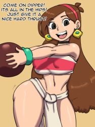 1girls big_breasts bracelet braces brown_hair chel_(cosplay) choker darkeros13 earrings gravity_falls grey_eyes headband hip_sway huge_breasts large_breasts light_skinned_female looking_at_viewer mabel_pines smile speech_bubble text the_road_to_el_dorado thick_thighs tribal_clothing very_long_hair wide_hips