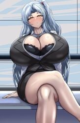 alternate_version_at_source angela_(lobotomy_corporation) bare_legs bare_thighs big_breasts big_cleavage black_bra blue_hair blush breasts_bigger_than_head breasts_out_of_clothes breasts_popping_out button_down_shirt button_pop crossed_legs huge_breasts huge_cleavage lobotomy_corporation lv_lunatic massive_breasts project_moon tagme yellow_eyes