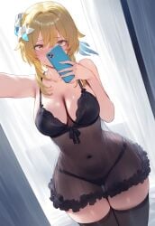 1girls ai_generated belly belly_button black_dress blonde_hair blush breasts dress female female_only genshin_impact hips holding_phone large_breasts looking_at_viewer lumine_(genshin_impact) panties phone seductive see-through see-through_clothing selfie solo sweatdrop taking_picture thighhighs wide_hips yellow_eyes