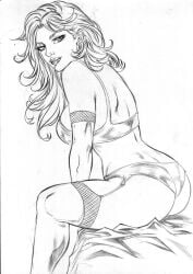 ass ass_focus black_and_white dimples_of_venus ed_benes_studio emma_frost hellfire_club leo_(artist) marvel marvel_comics panties traditional_media traditional_media_(artwork) white_queen x-men