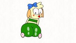 big_butt bow crumbles_(doodle-toons) dog doodle_toons green_outfit on_knees tight_pants